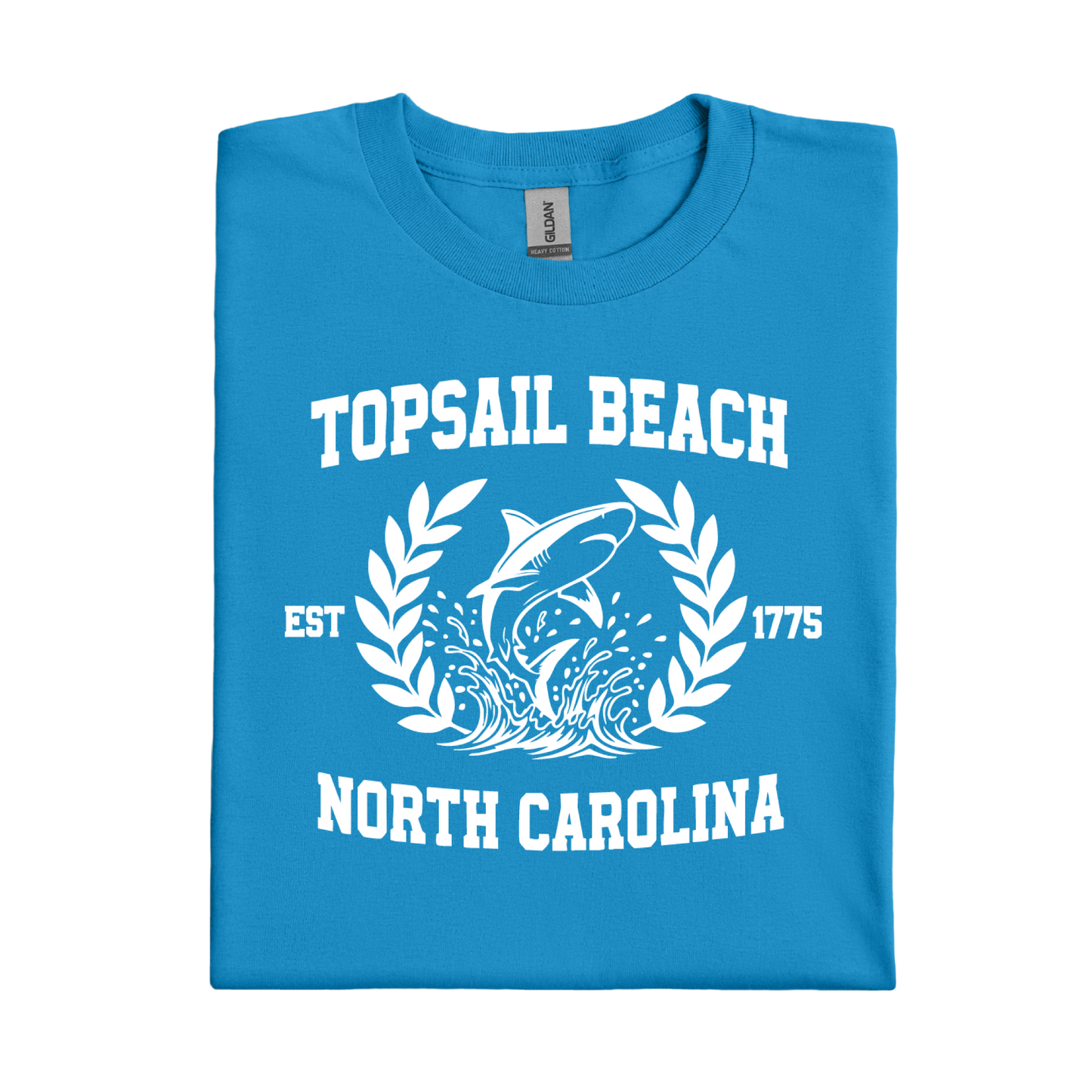 Blue sapphire t-shirt with white graphic and text about Topsail Beach, North Carolina