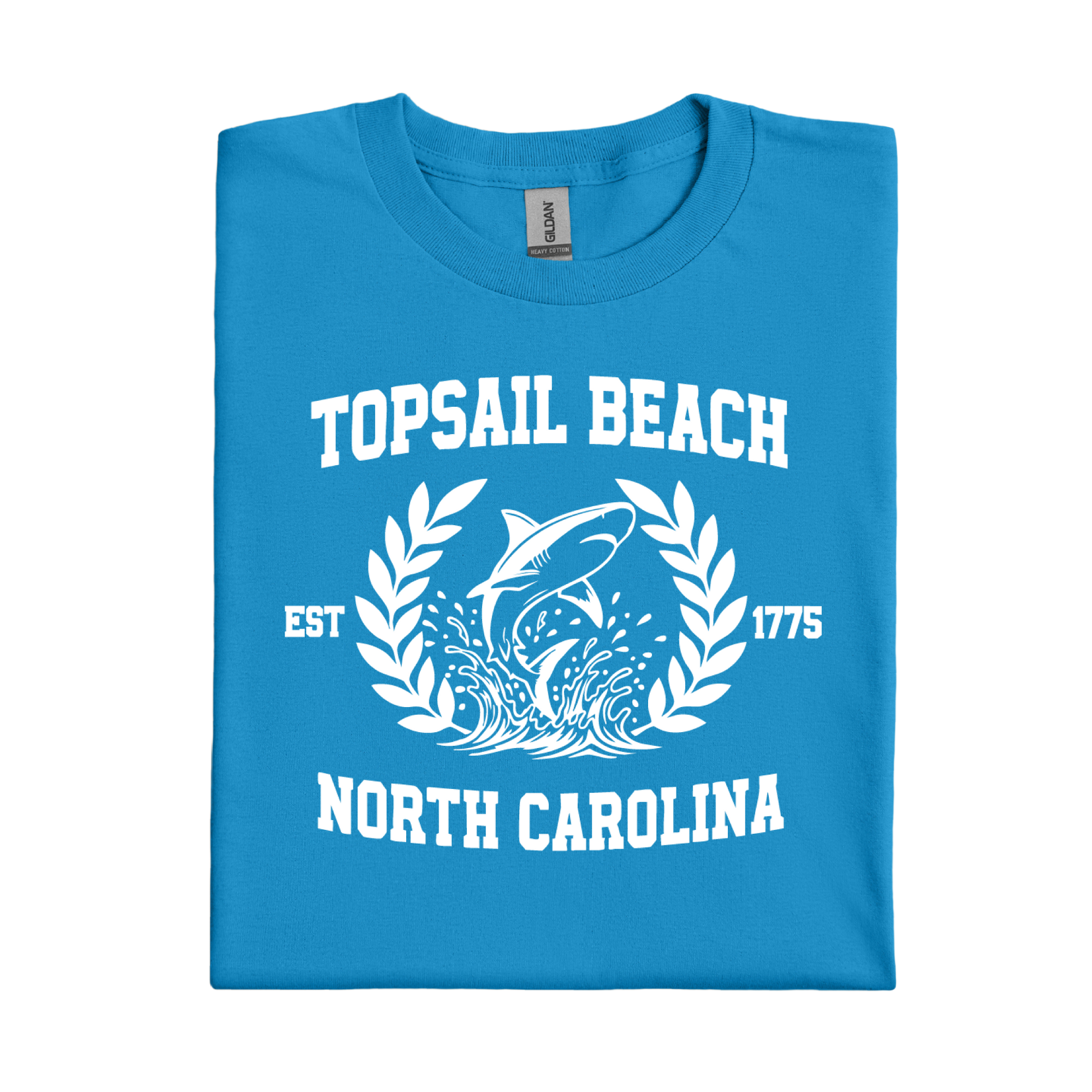 Blue sapphire t-shirt with white graphic and text about Topsail Beach, North Carolina