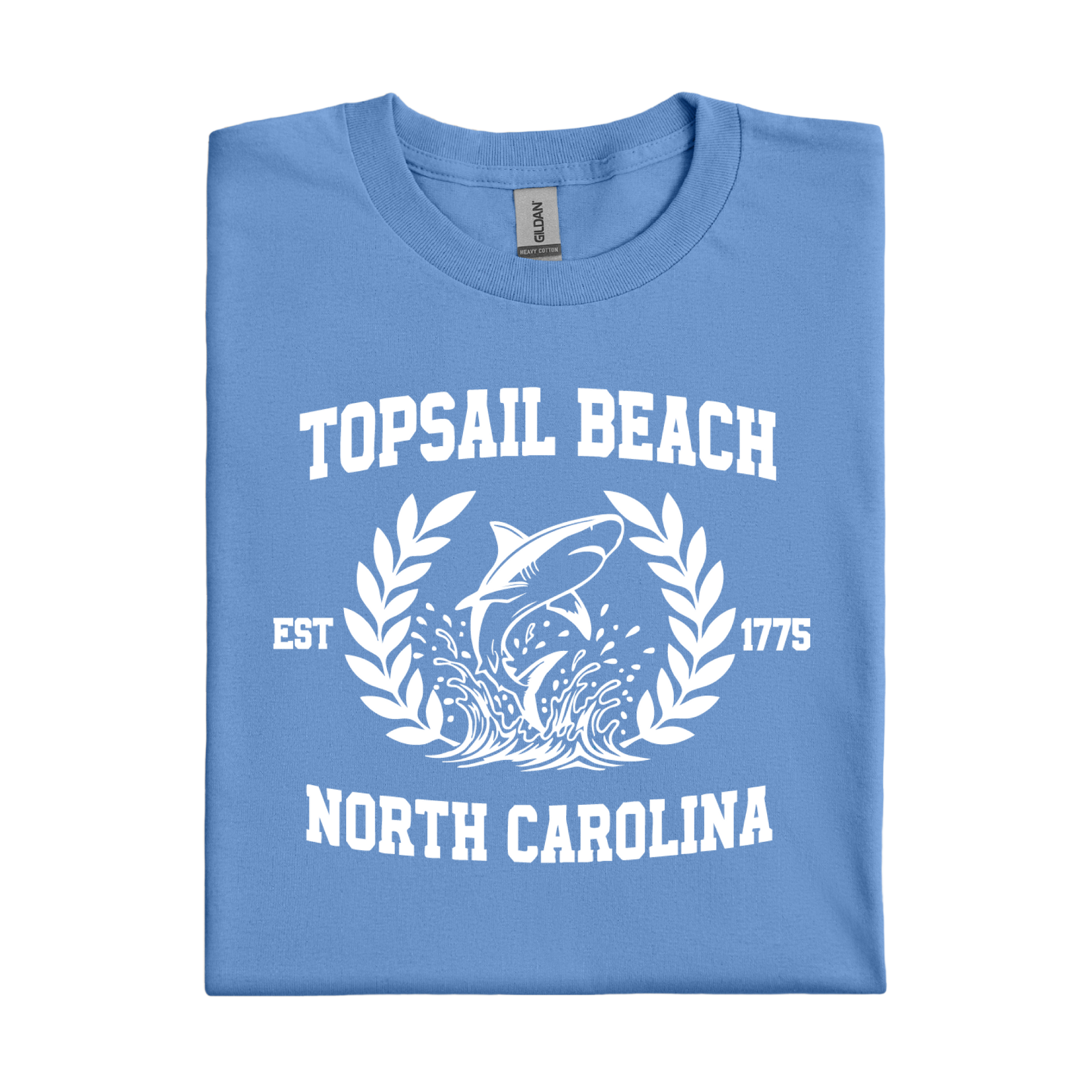Carolina Blue t-shirt with Topsail Beach, North Carolina design on a white background