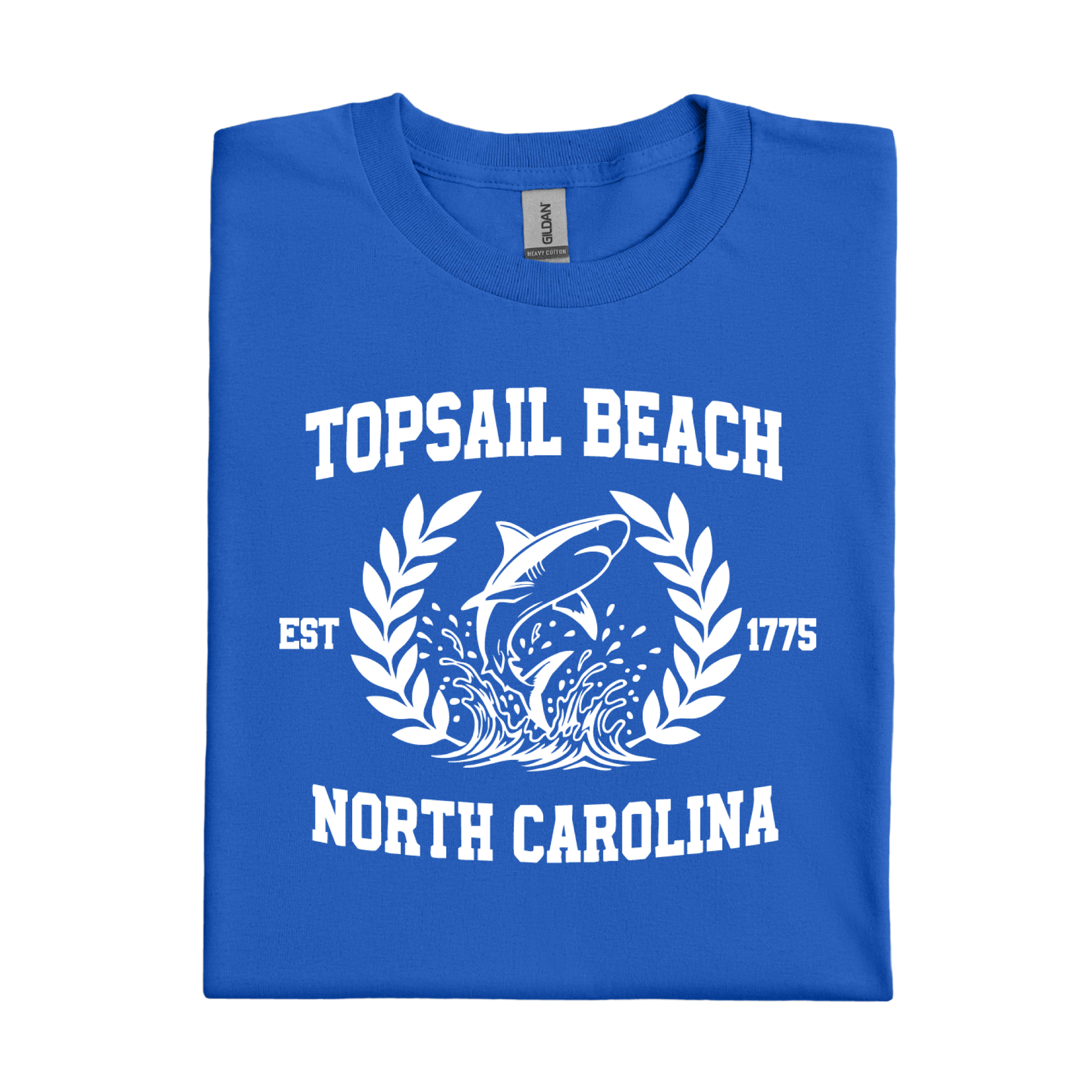 Royal Blue t-shirt with white graphic and text about Topsail Beach, North Carolina