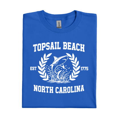Royal Blue t-shirt with white graphic and text about Topsail Beach, North Carolina