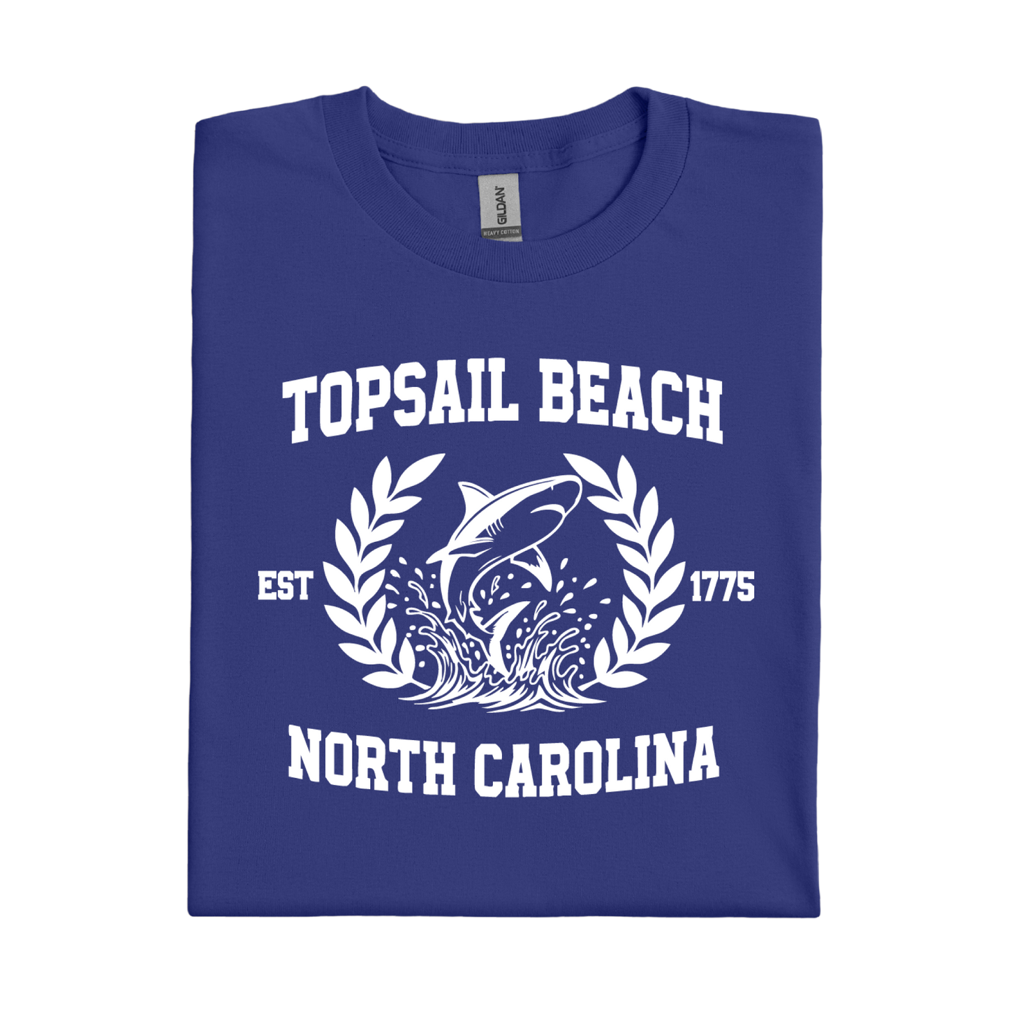 Cobalt Blue t-shirt with white graphic and text about Topsail Beach, North Carolina