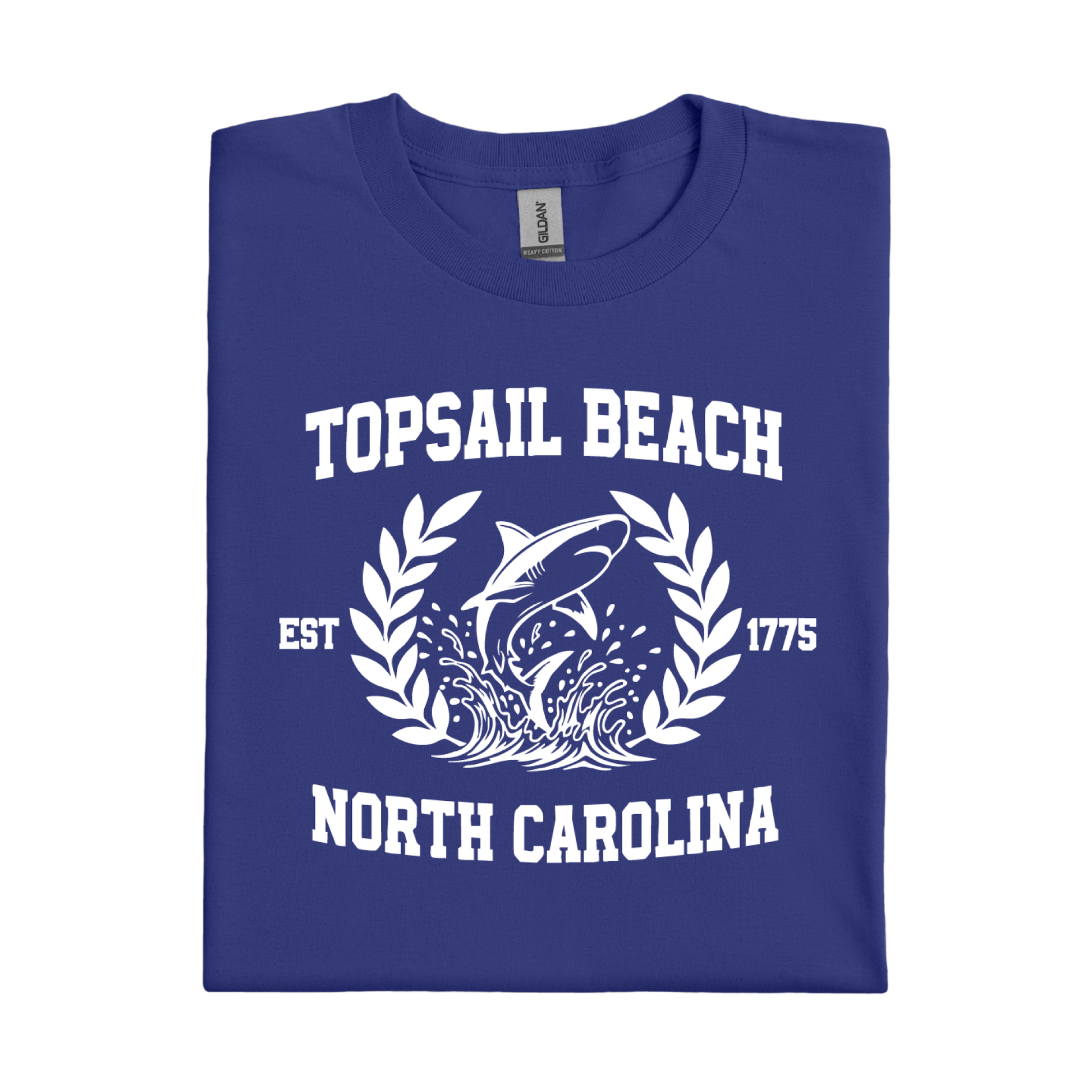 Cobalt Blue t-shirt with white graphic and text about Topsail Beach, North Carolina