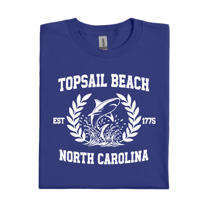 Cobalt Blue t-shirt with white graphic and text about Topsail Beach, North Carolina