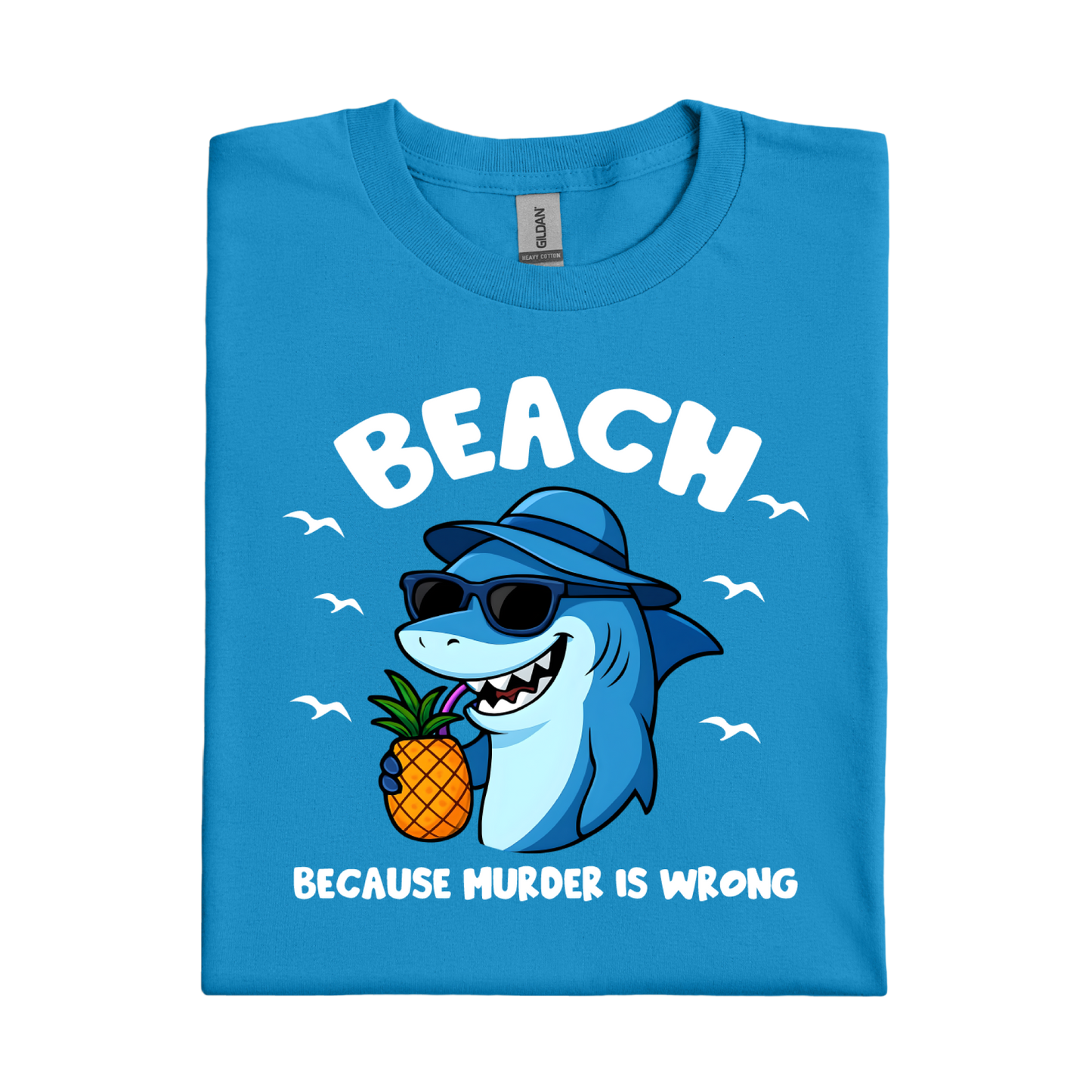 Sapphire Blue t-shirt with a shark graphic and text on a white background