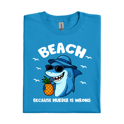 Sapphire Blue t-shirt with a shark graphic and text on a white background