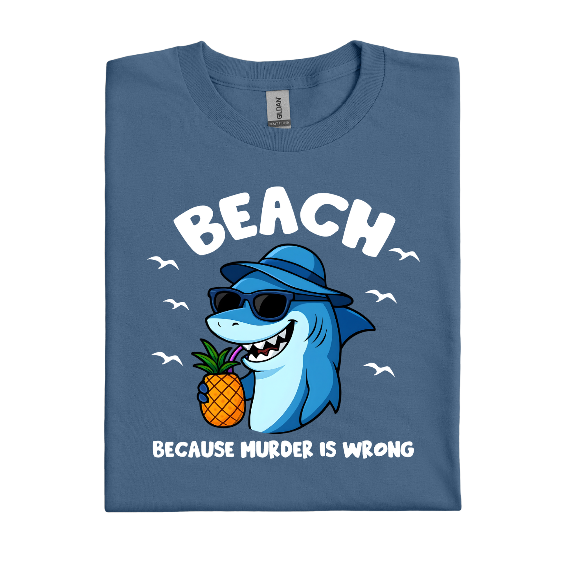 Indigo Blue t-shirt with a shark holding a pineapple and text on a white background