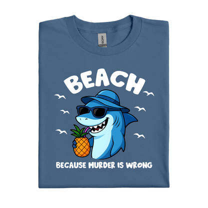 Indigo Blue t-shirt with a shark holding a pineapple and text on a white background