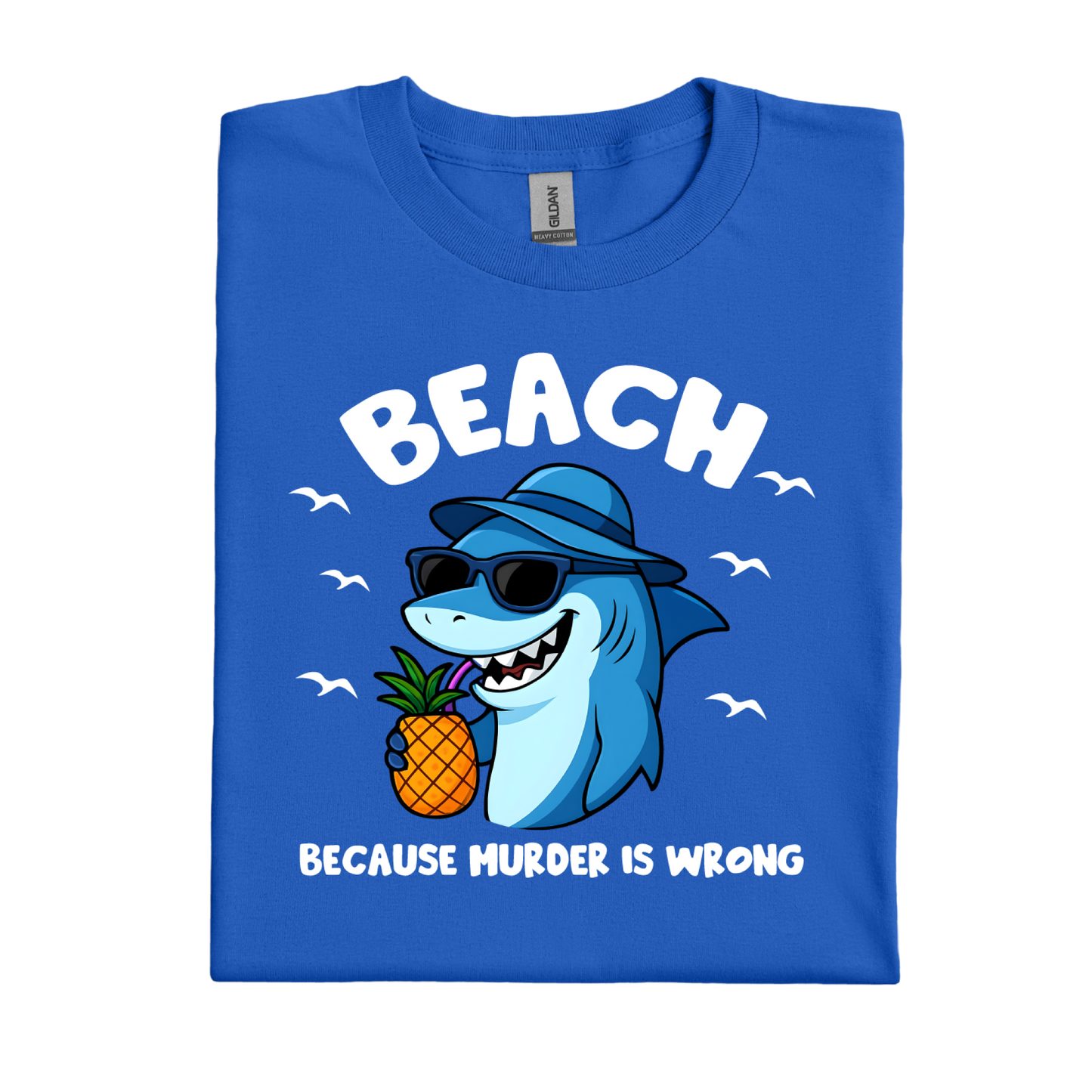 Royal Blue t-shirt with a shark holding a pineapple and text on a white background