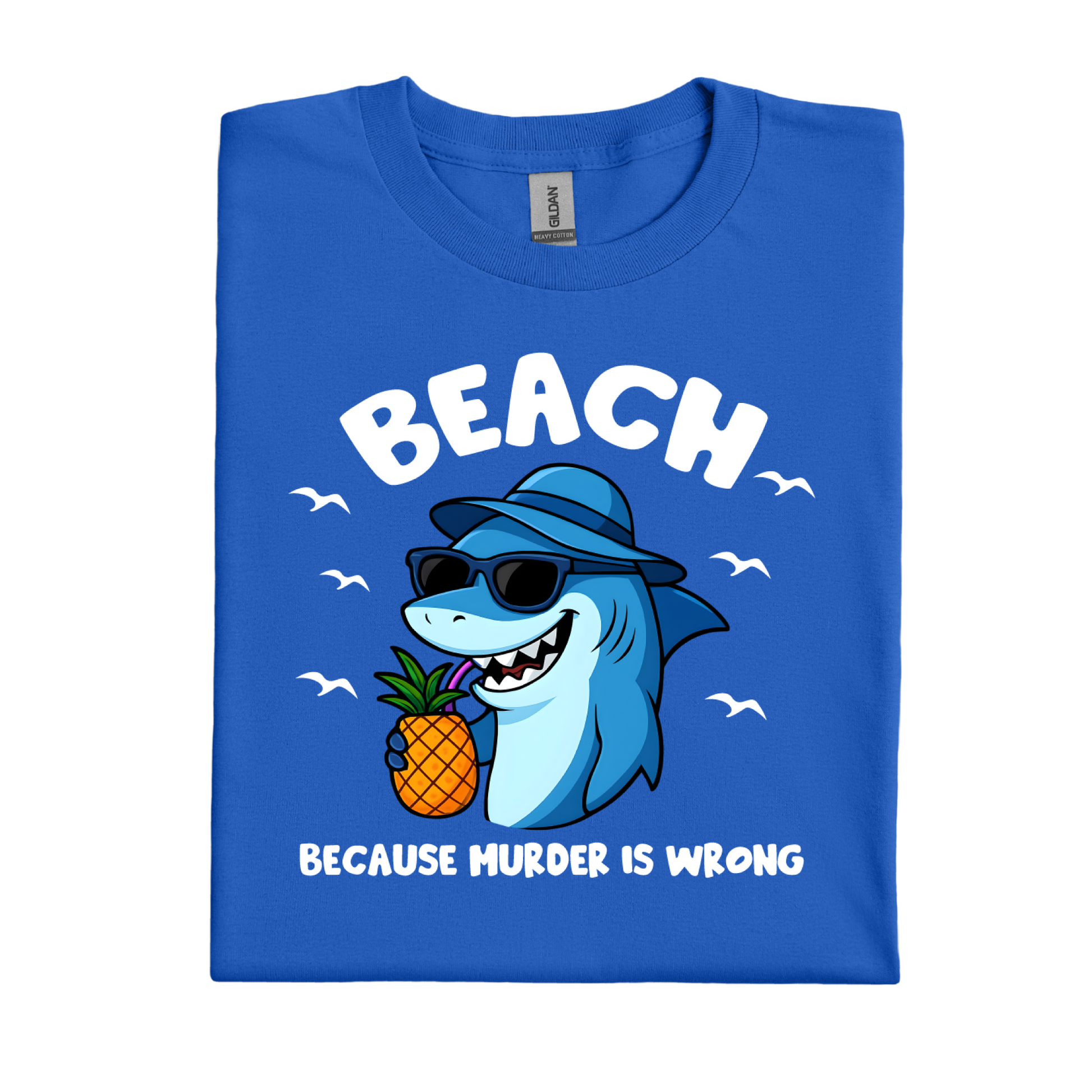 Royal Blue t-shirt with a shark holding a pineapple and text on a white background