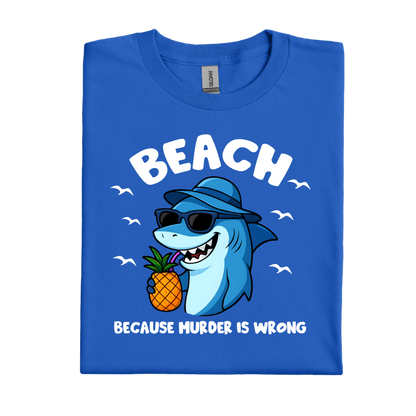 Royal Blue t-shirt with a shark holding a pineapple and text on a white background