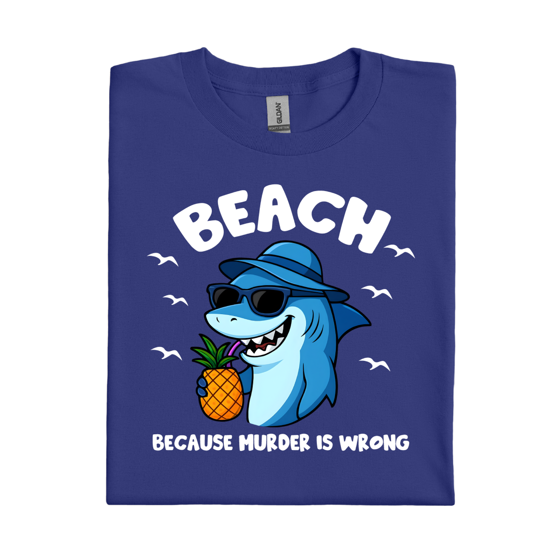 Cobalt Blue t-shirt with a shark graphic holding a pineapple and text on a white background