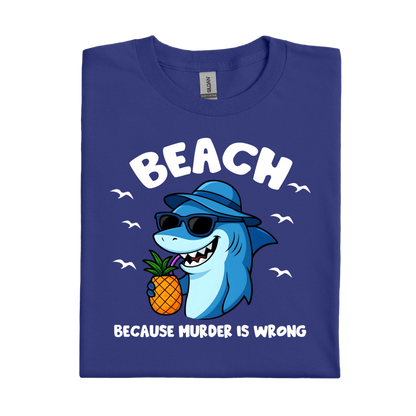 Cobalt Blue t-shirt with a shark graphic holding a pineapple and text on a white background