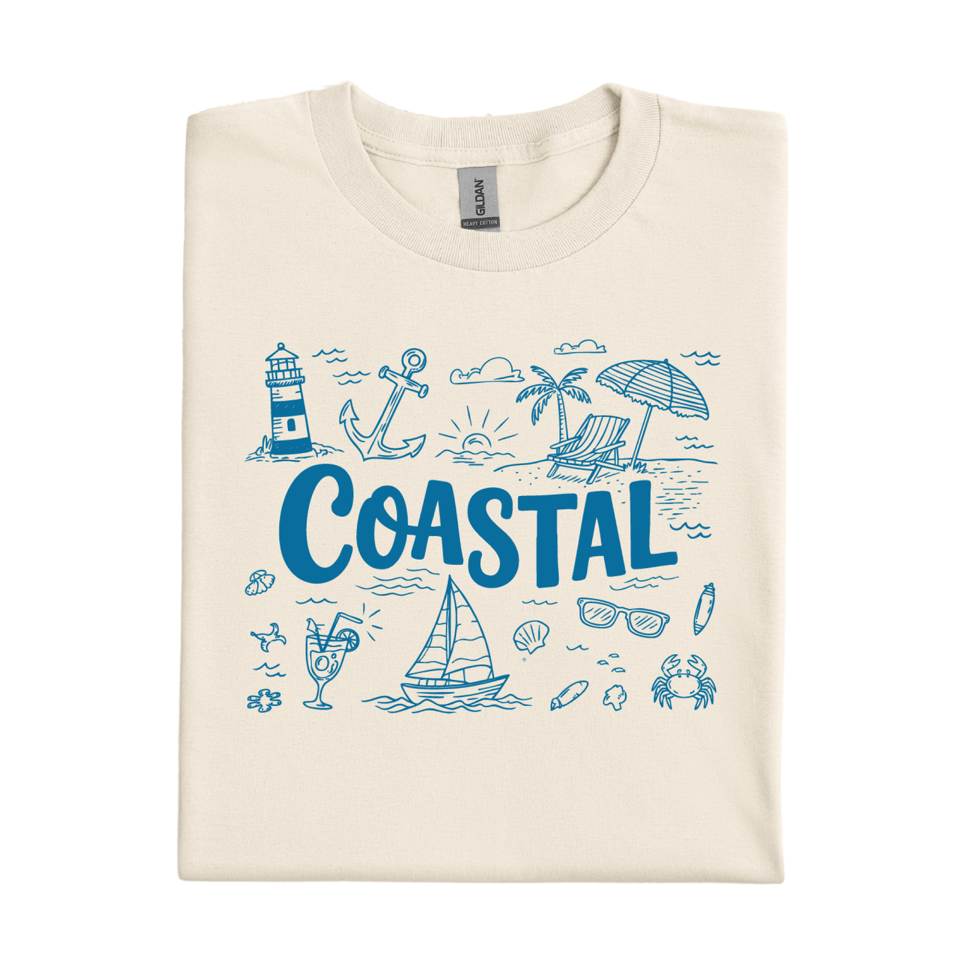 Natural t-shirt with blue coastal-themed graphics and text on a white background