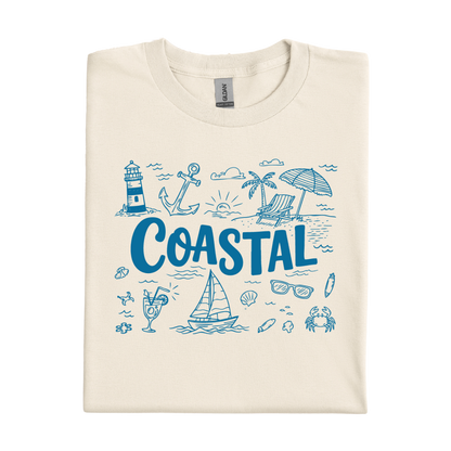 Natural t-shirt with blue coastal-themed graphics and text on a white background