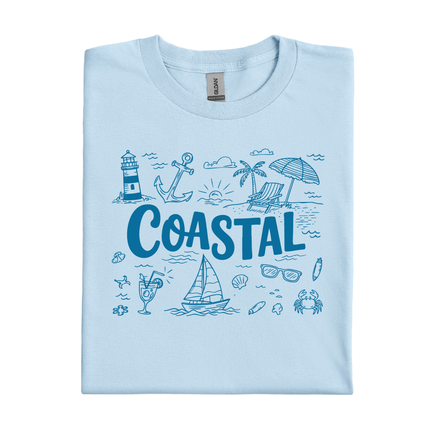 Light blue t-shirt with coastal-themed graphics and the word 'Coastal' on a white background
