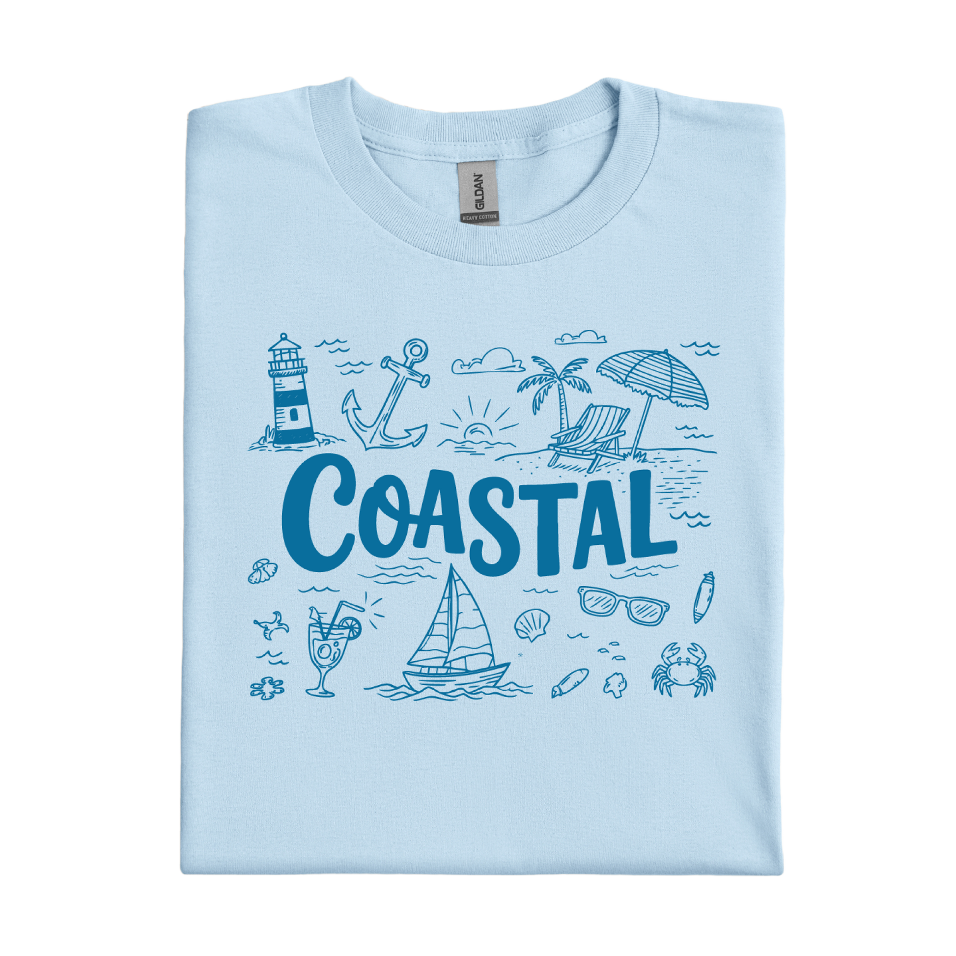 Light blue t-shirt with coastal-themed graphics and the word 'Coastal' on a white background