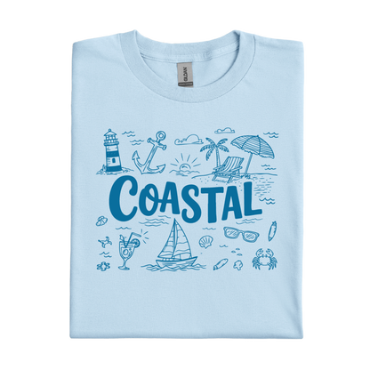 Light blue t-shirt with coastal-themed graphics and the word 'Coastal' on a white background