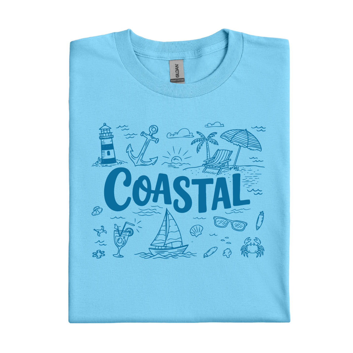 Ocean blue t-shirt with coastal design and 'Coastal' text on a white background
