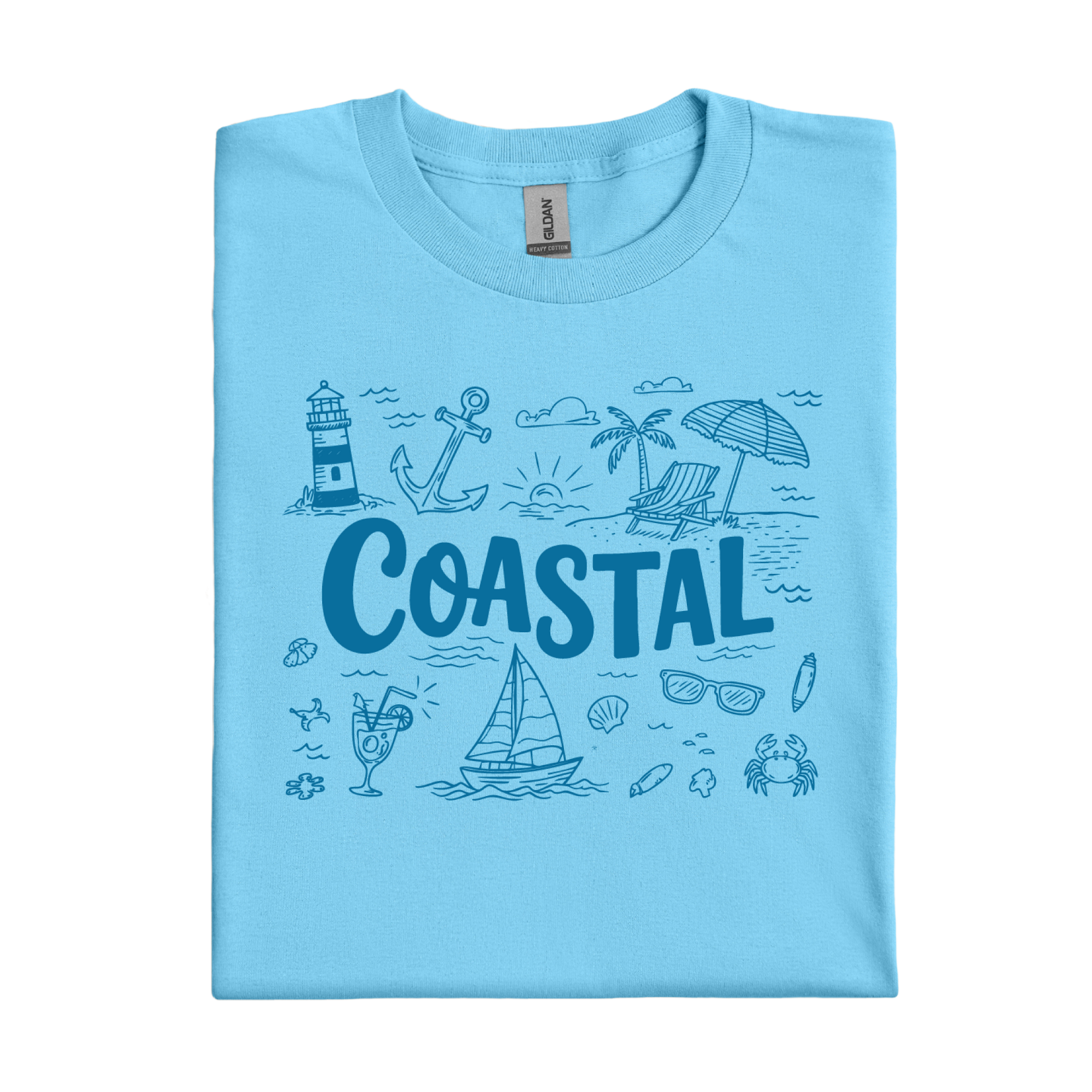 Ocean blue t-shirt with coastal design and 'Coastal' text on a white background