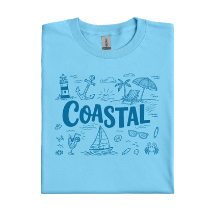 Ocean blue t-shirt with coastal design and 'Coastal' text on a white background