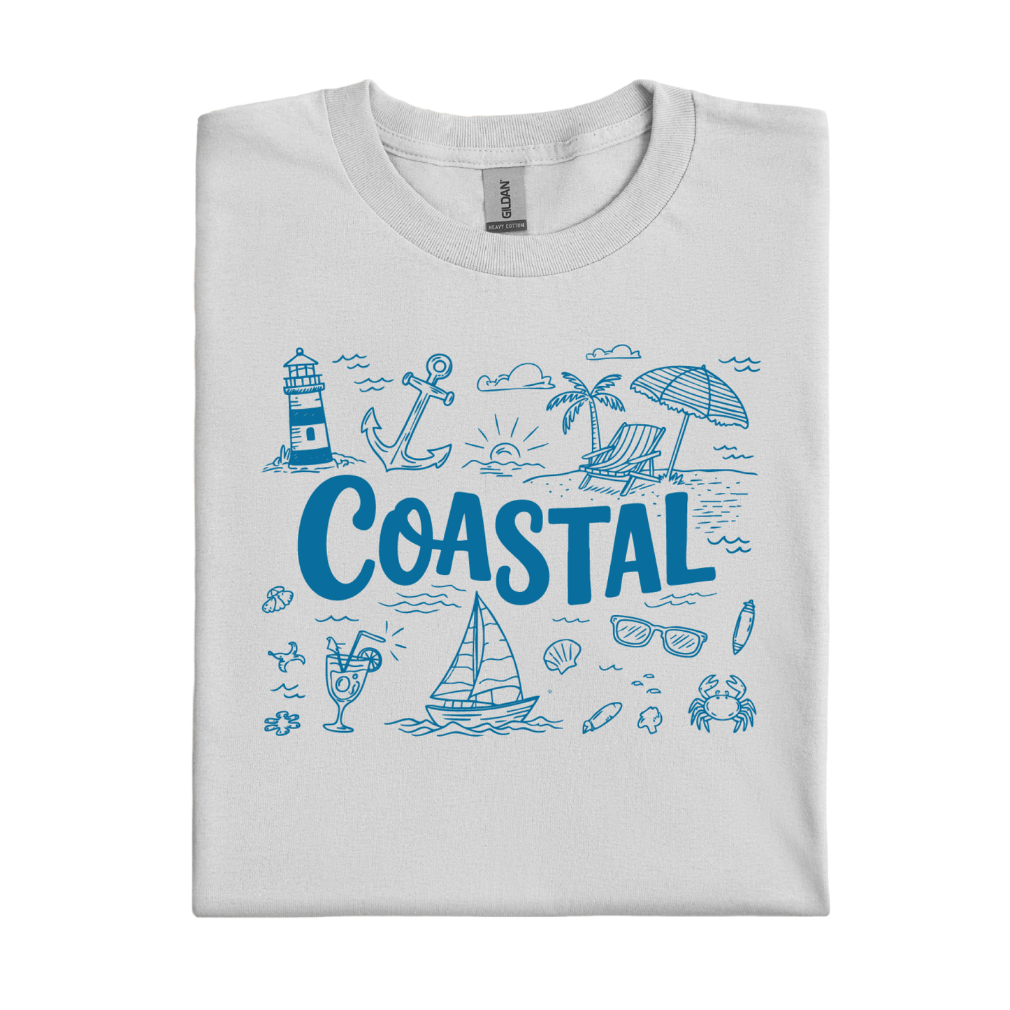 Ice Grey t-shirt with blue coastal-themed graphics and text on a white background