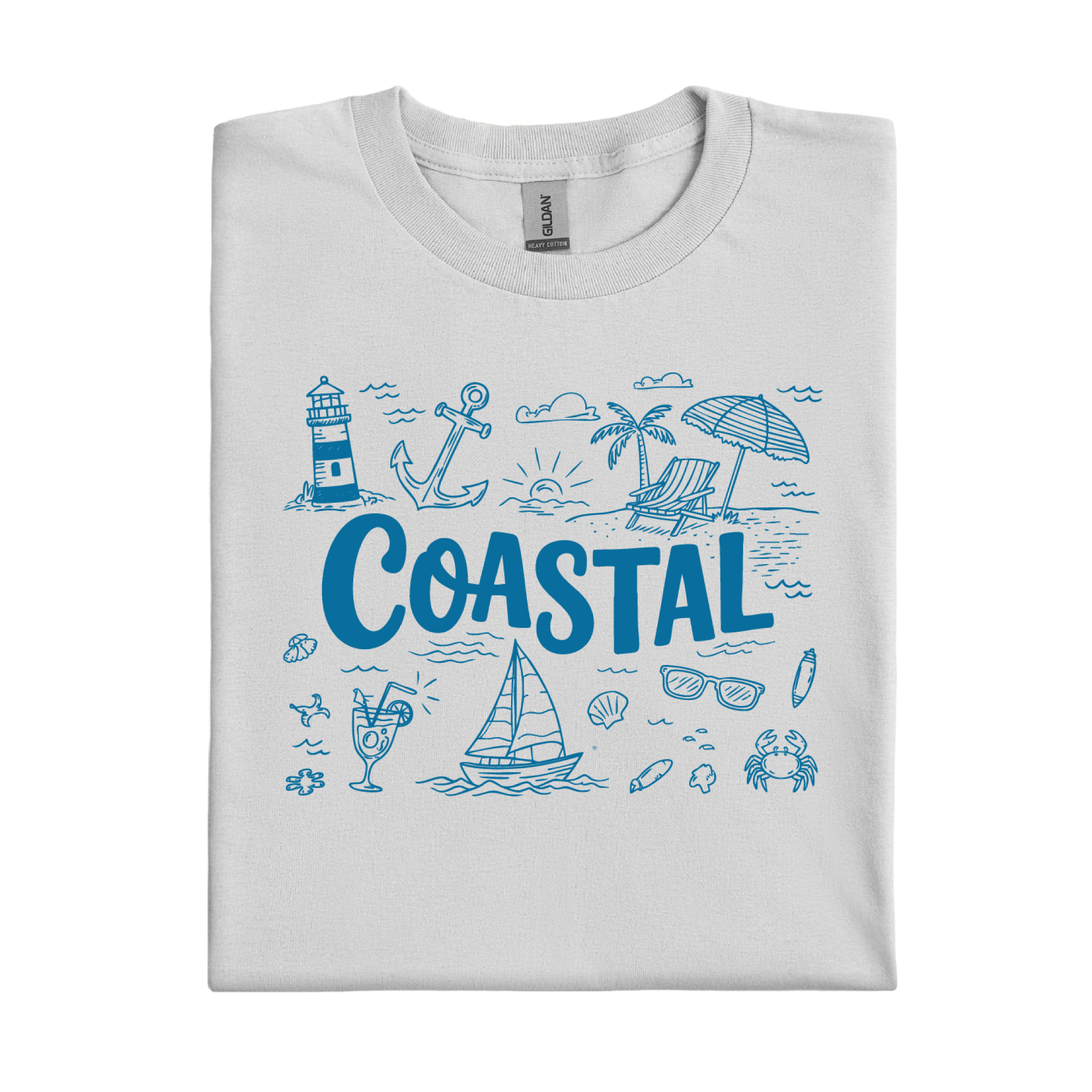 Ice Grey t-shirt with blue coastal-themed graphics and text on a white background