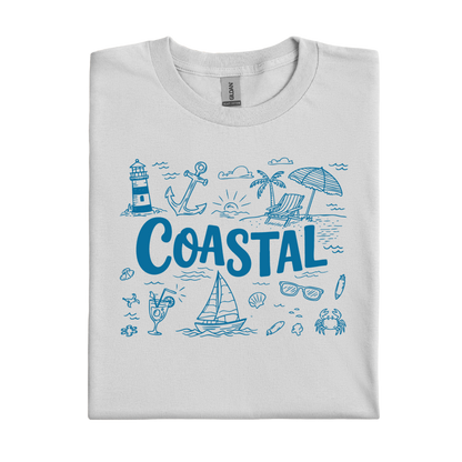 Ice Grey t-shirt with blue coastal-themed graphics and text on a white background