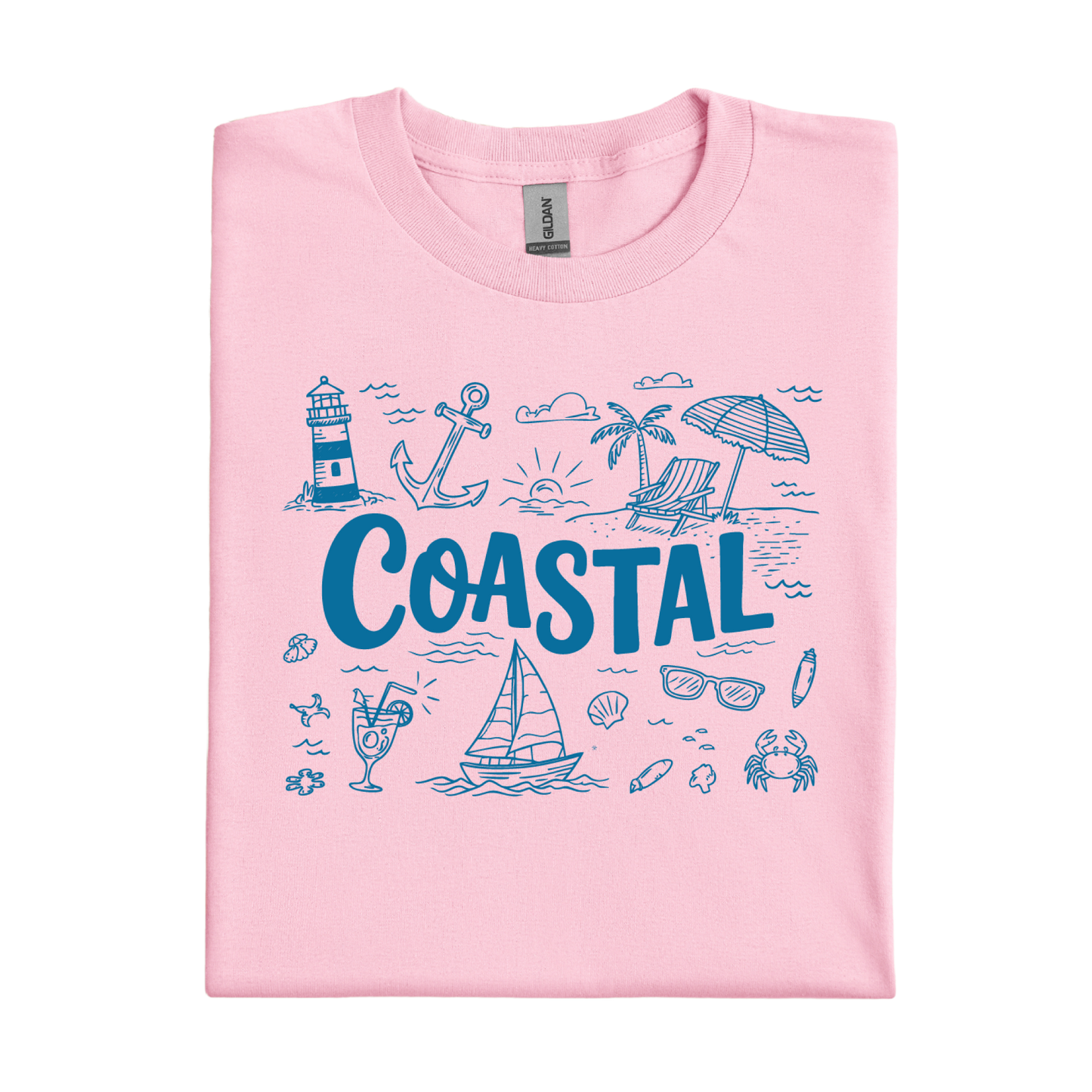 Pink t-shirt with blue coastal-themed graphics and text on a white background