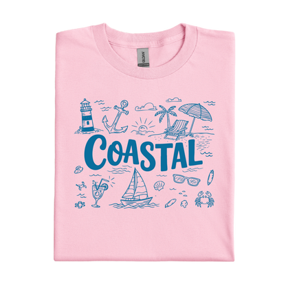 Pink t-shirt with blue coastal-themed graphics and text on a white background