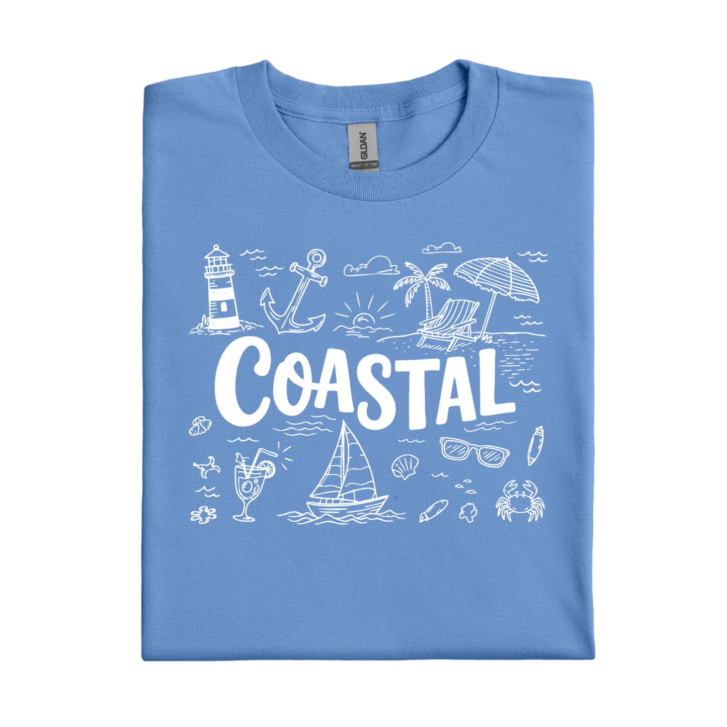 Carolina Blue t-shirt with white coastal graphics and text on a white background