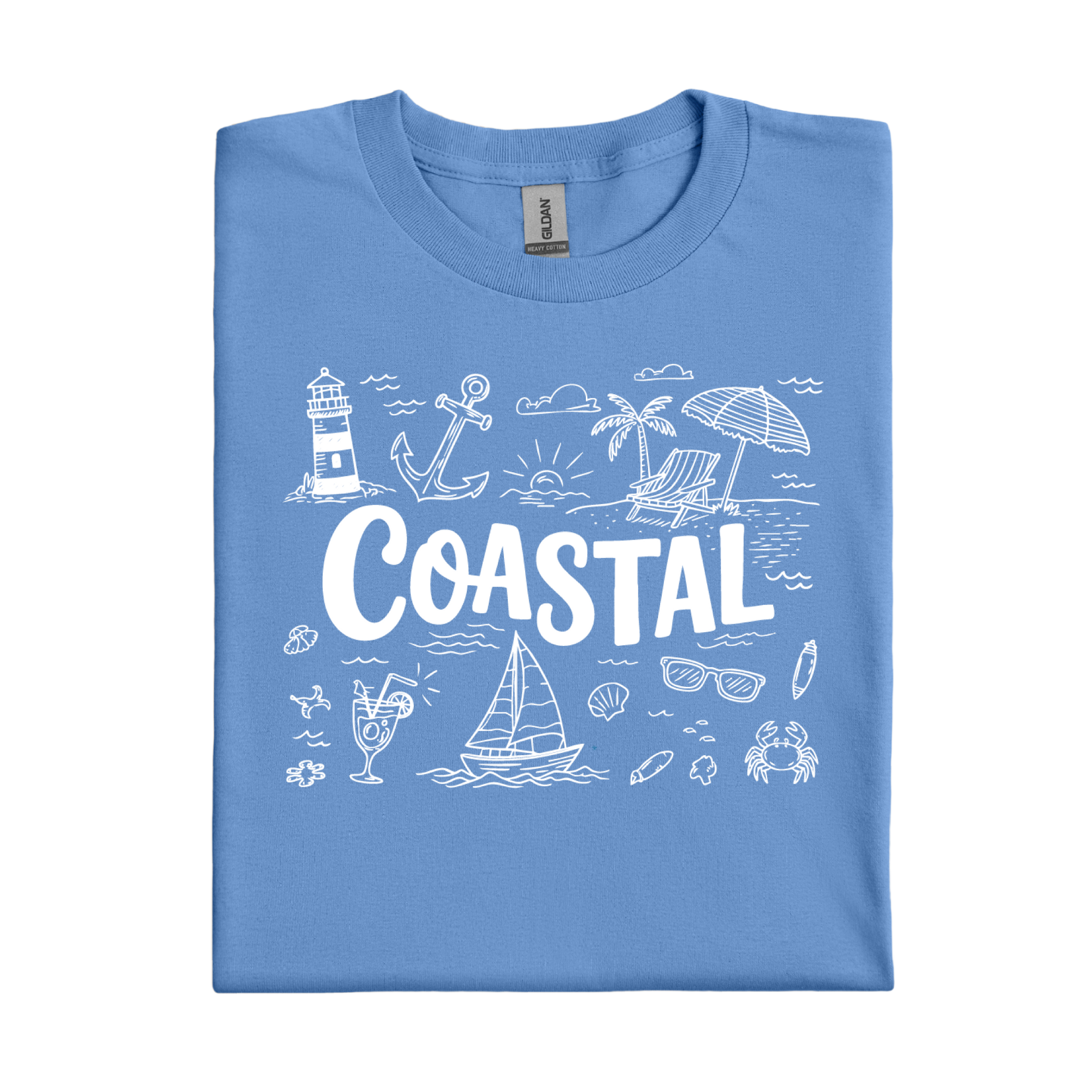 Carolina Blue t-shirt with white coastal graphics and text on a white background