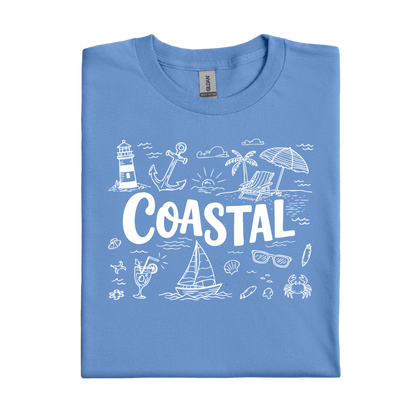 Carolina Blue t-shirt with white coastal graphics and text on a white background