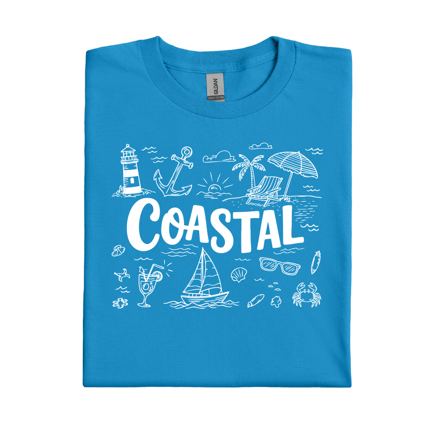 Sapphire Blue t-shirt with white coastal graphics and text on a white background