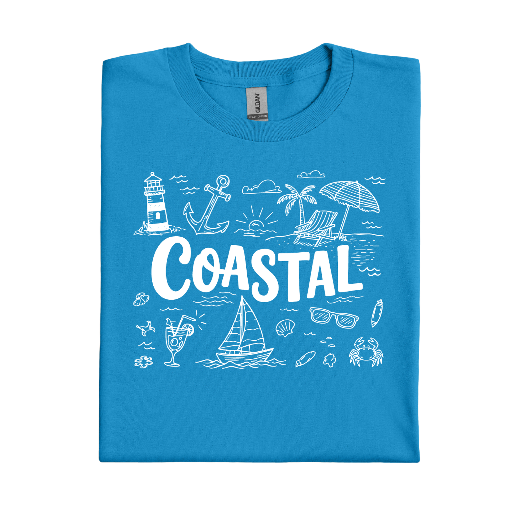 Sapphire Blue t-shirt with white coastal graphics and text on a white background