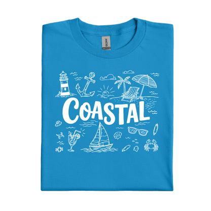 Sapphire Blue t-shirt with white coastal graphics and text on a white background