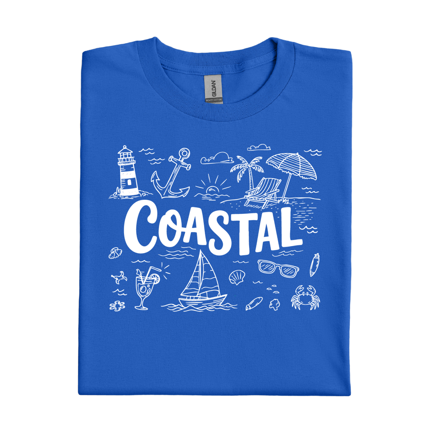 Royal Blue t-shirt with white coastal graphics and text on a white background