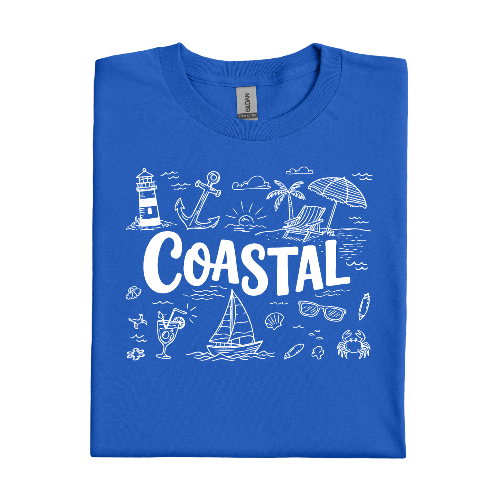 Royal Blue t-shirt with white coastal graphics and text on a white background