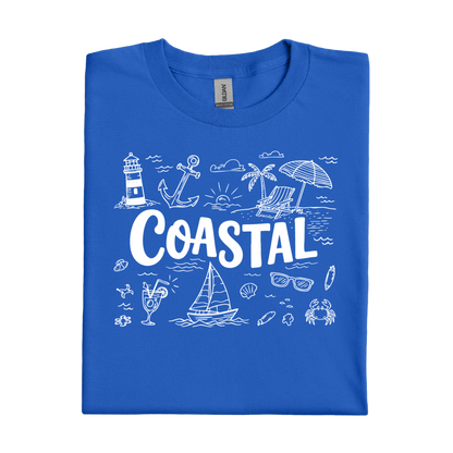 Royal Blue t-shirt with white coastal graphics and text on a white background
