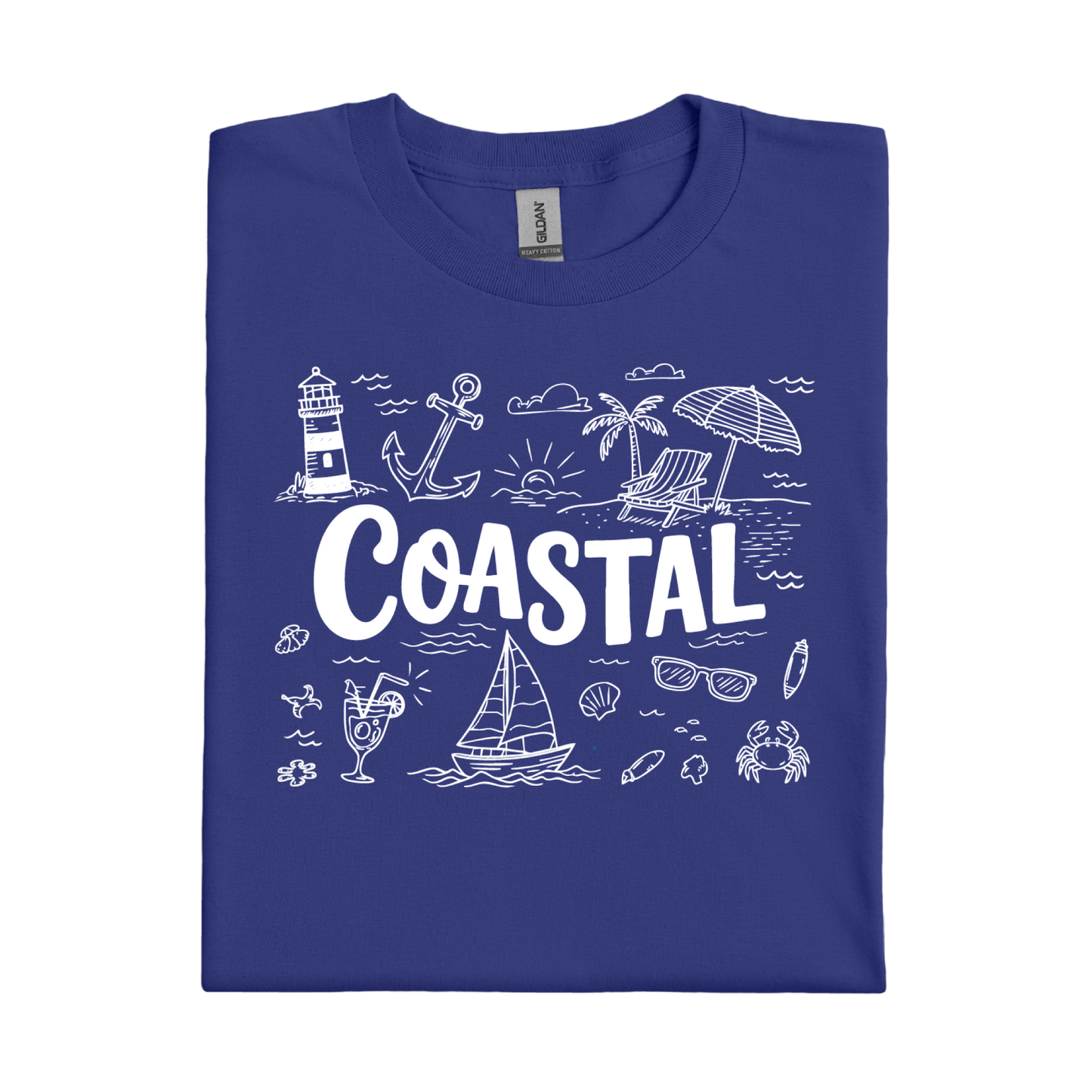 Cobalt Blue t-shirt with white coastal graphics and text on a white background