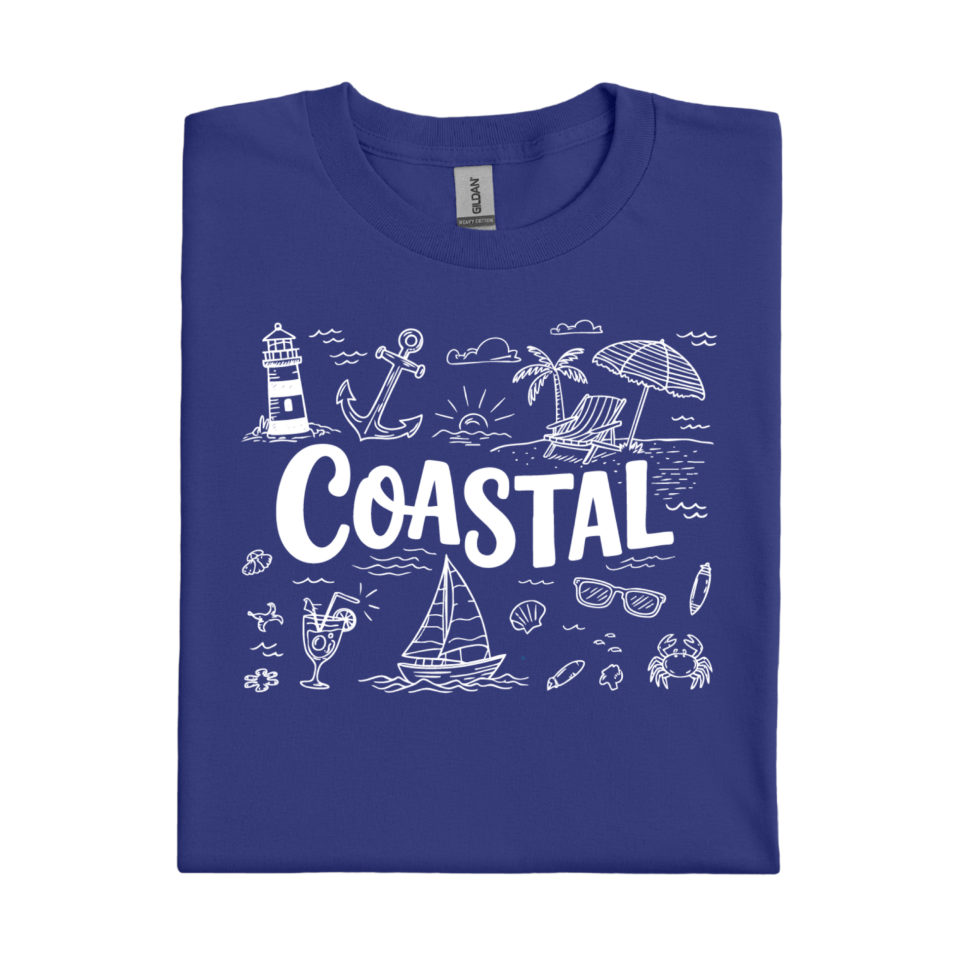 Cobalt Blue t-shirt with white coastal graphics and text on a white background