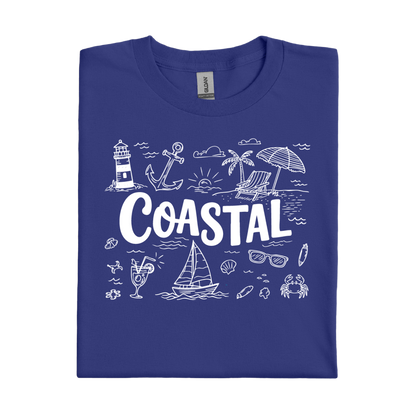 Cobalt Blue t-shirt with white coastal graphics and text on a white background