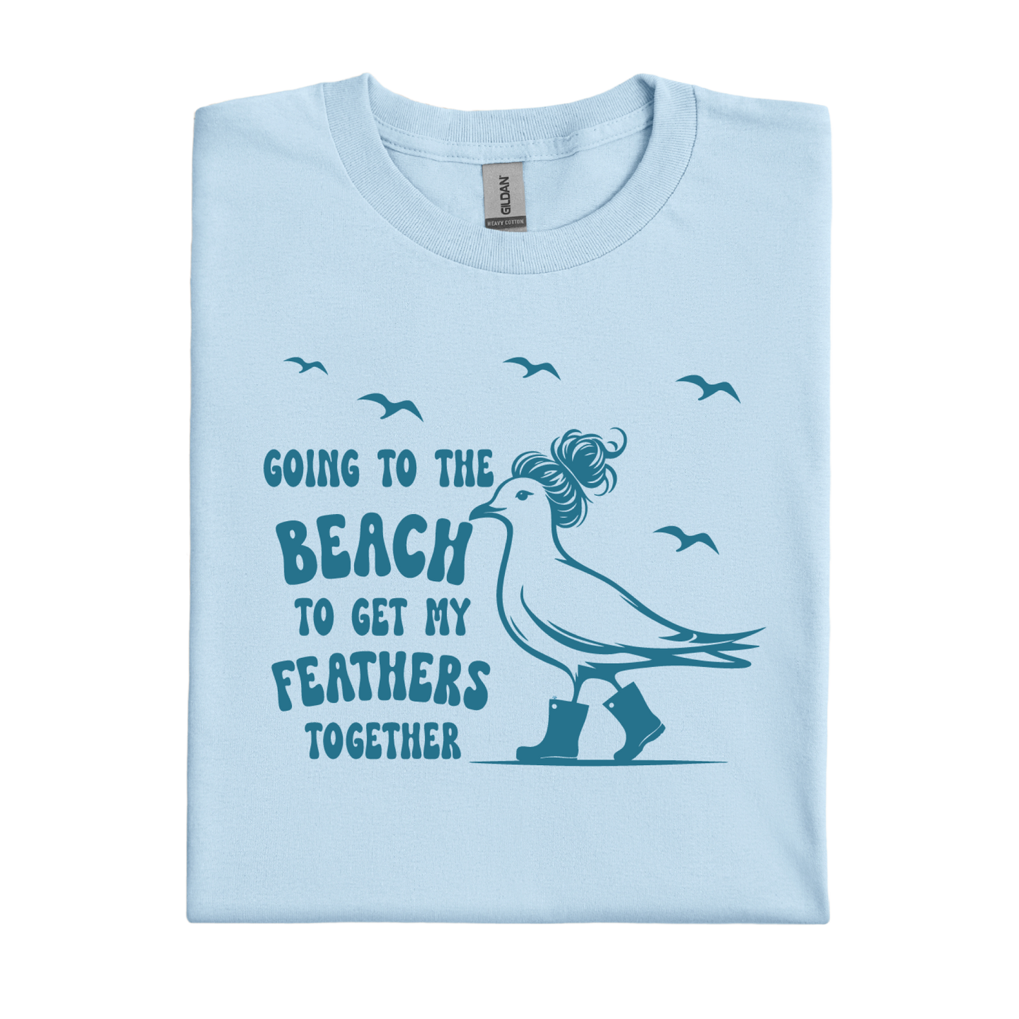 Light blue t-shirt with a seagull graphic and text on a white background