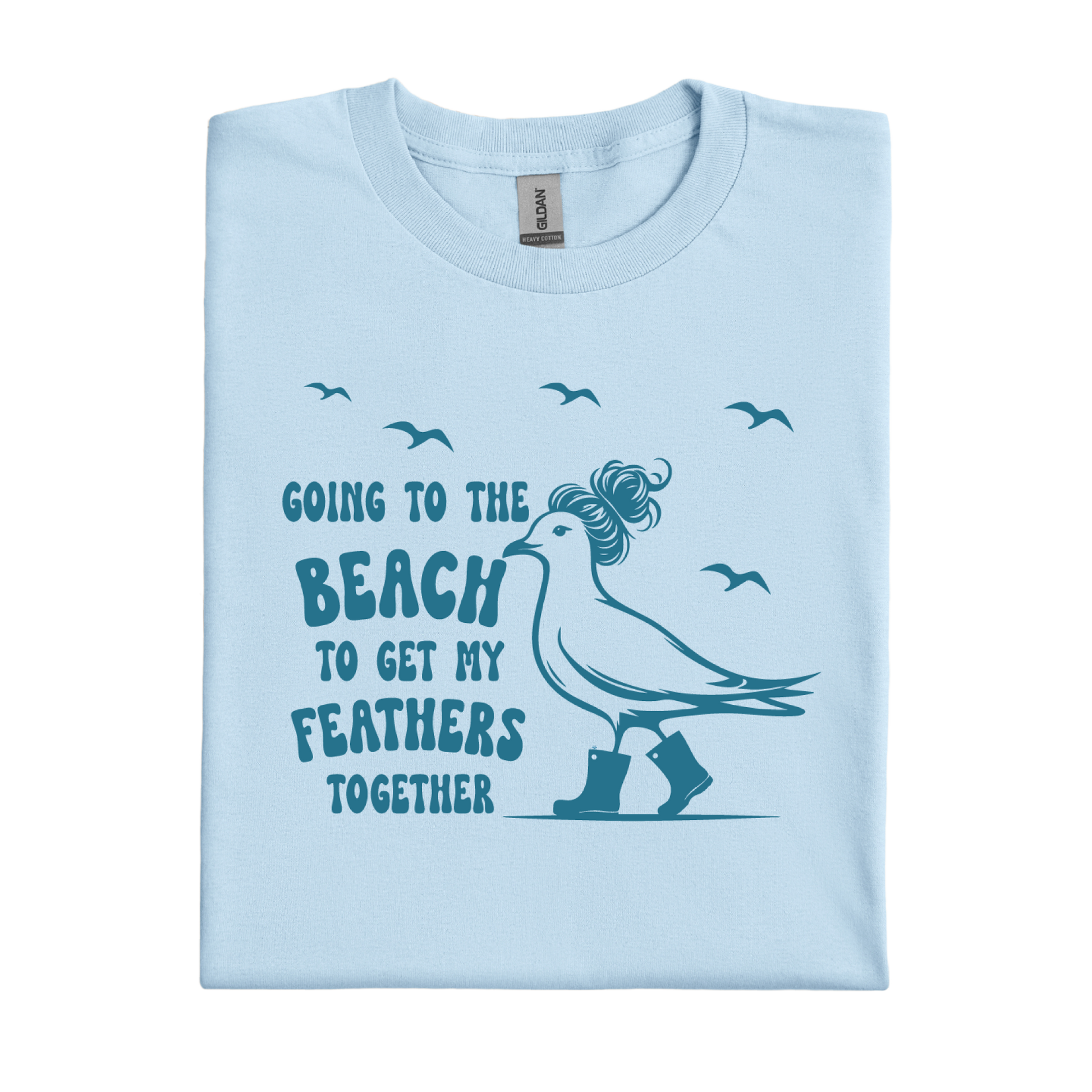 Light blue t-shirt with a seagull graphic and text on a white background