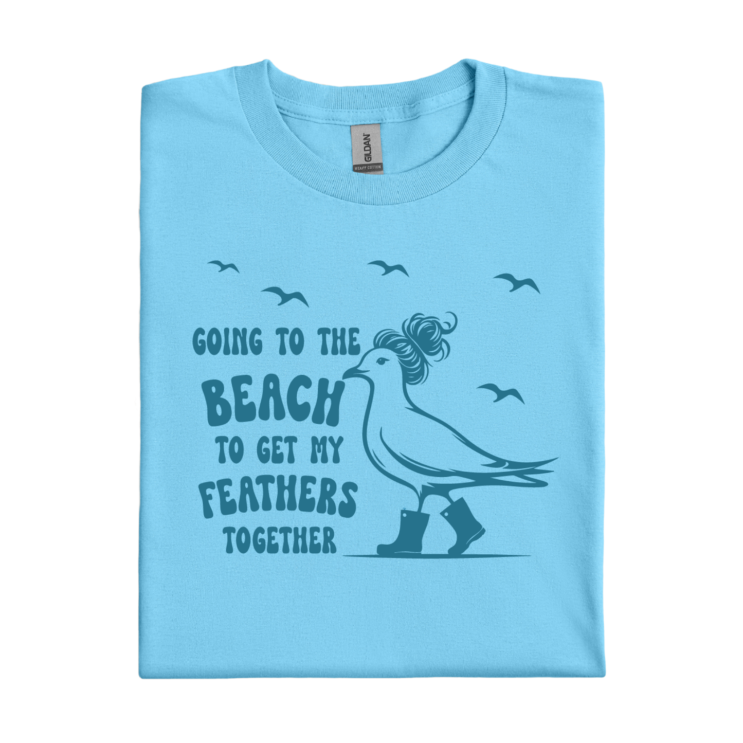 Sky blue t-shirt with a graphic of a bird and text on a white background
