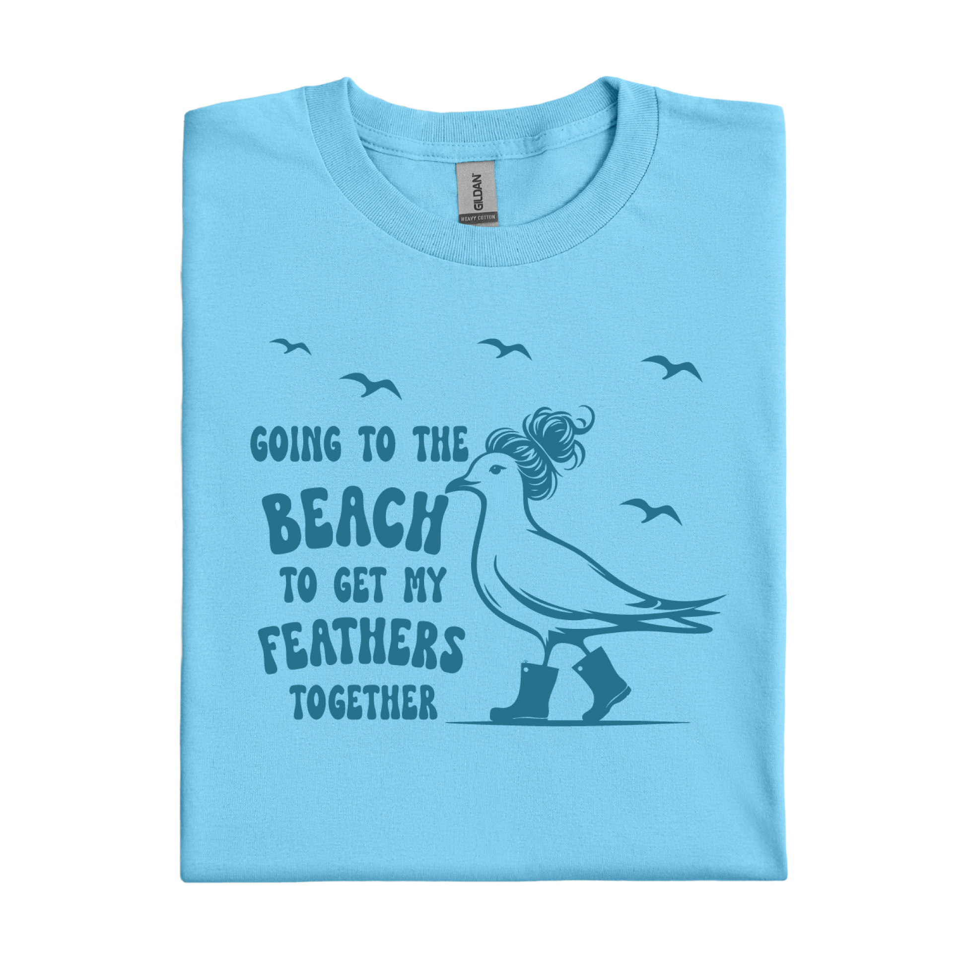 Sky blue t-shirt with a graphic of a bird and text on a white background