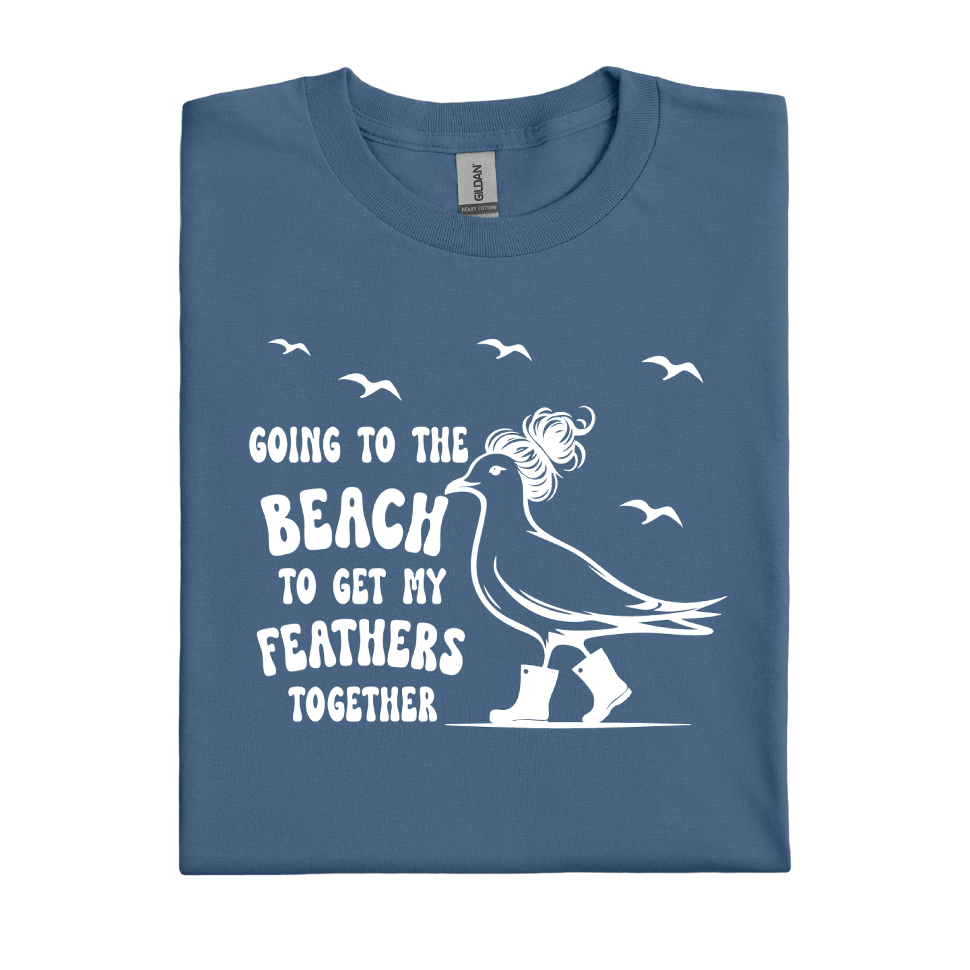 Indigo Blue t-shirt with a white graphic of a bird and text on a white background