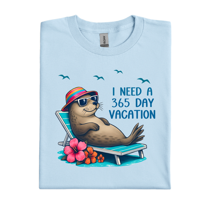 Light blue t-shirt with a seal graphic and text on a white background