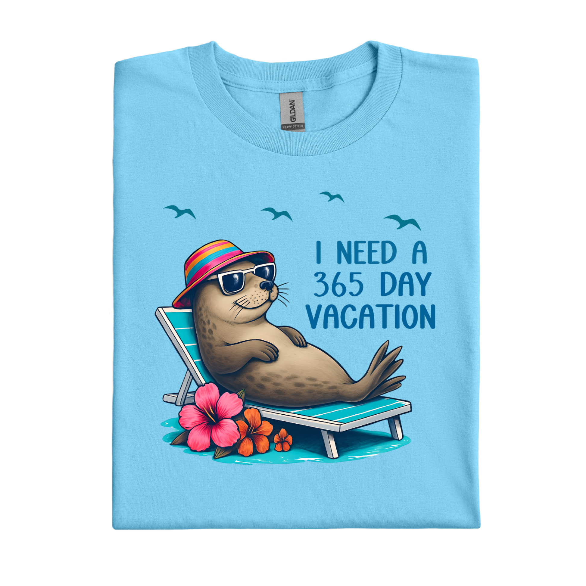 Sky blue t-shirt with a seal graphic and text on a white background