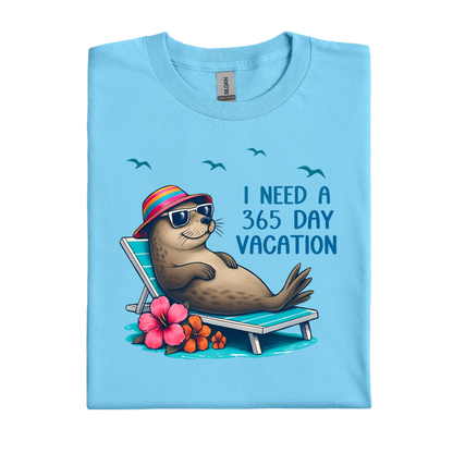 Sky blue t-shirt with a seal graphic and text on a white background